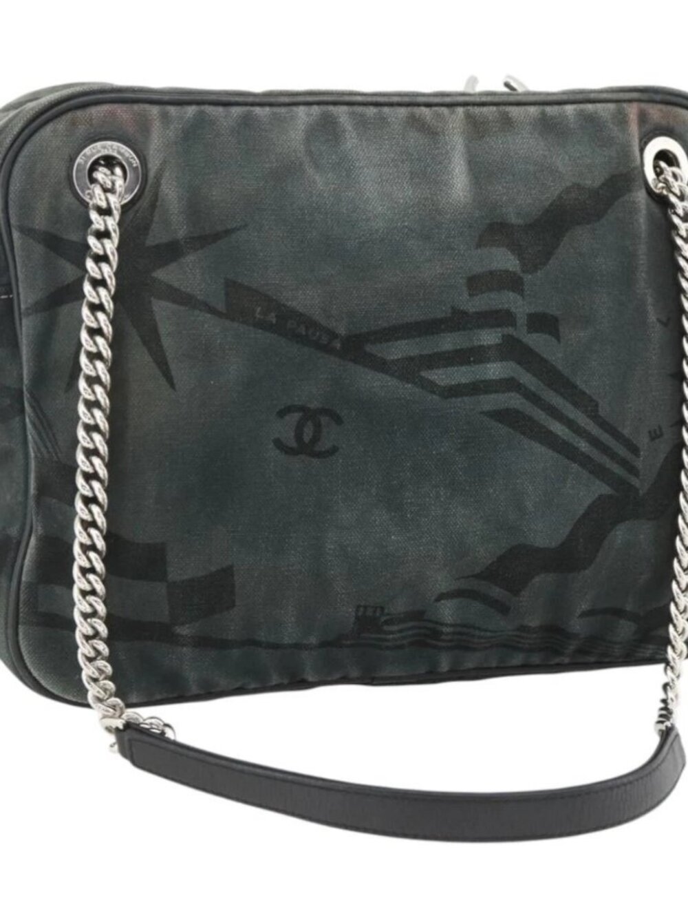 CHANEL Chain Shoulder Bag Canvas Black Silver CC Auth bs33649